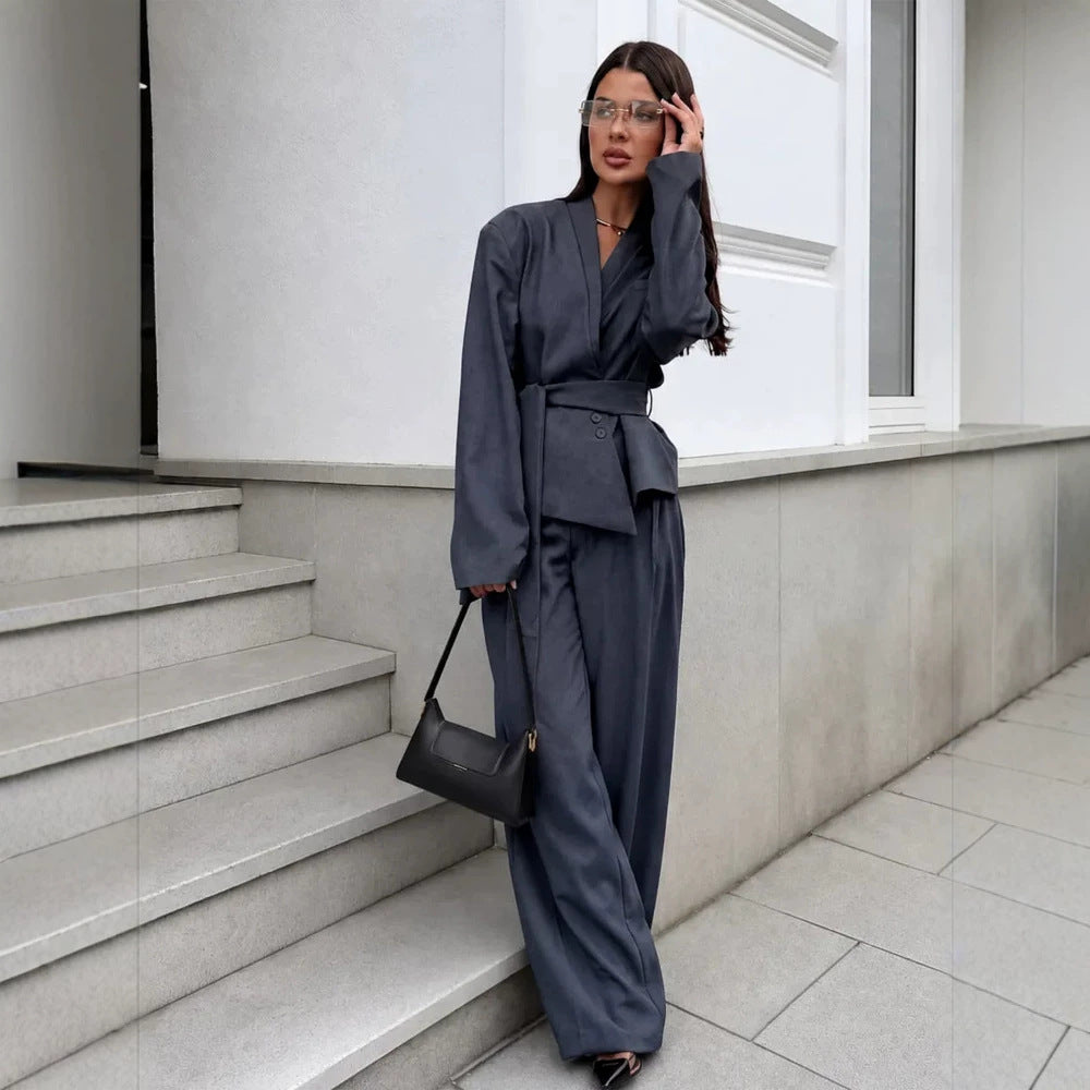 Damen Elegantes Wickelblazer-Set mit Taillengürtel und weiter Bundfaltenhose Shop Nory