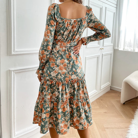 Damen Midikleid mit quadratischem Ausschnitt, Puffärmeln und Taillenschnürung Shop Nory