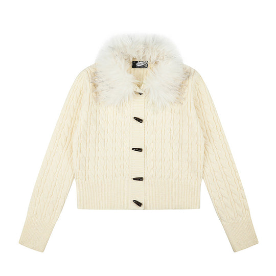 Damen Kurze Zopfmuster-Strickjacke mit abnehmbarem Kunstpelzkragen und Knebelknopfverschluss Shop Nory