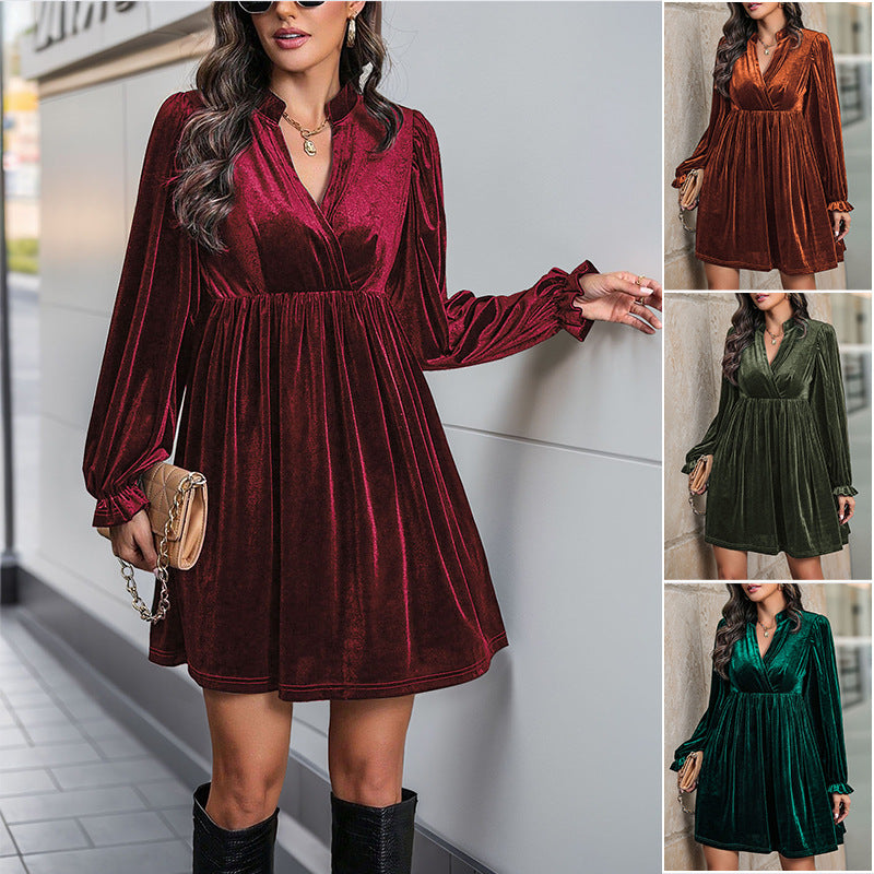 Damen Festliches Samt-Minikleid mit Wickel‑V-Ausschnitt, taillierter Raffung und voluminösen Ballonärmeln Shop Nory