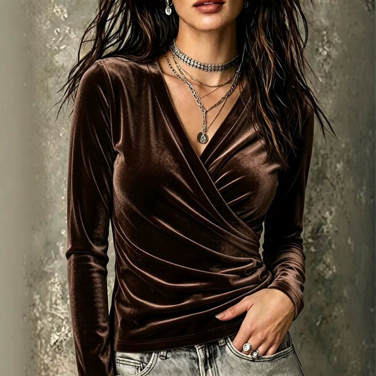 Damen Wickelshirt aus Samt mit V-Ausschnitt und seitlicher Raffung Shop Nory