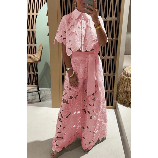 Damen Zweiteiliges Spitzen-Set mit Blumenstickerei und Palazzohose Shop Nory