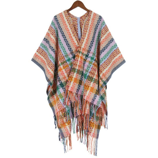 Damen Mehrfarbiger Web‑Poncho im Boho‑Patchwork‑Design mit Fransen Shop Nory