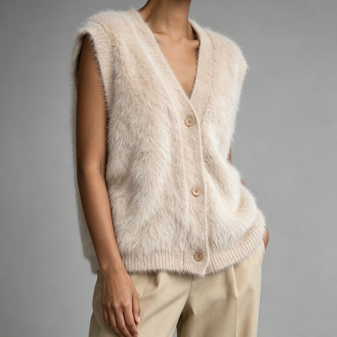 Damen Flauschige ärmellose Knopf‑Weste aus Mohairmix mit tiefem V-Ausschnitt Shop Nory
