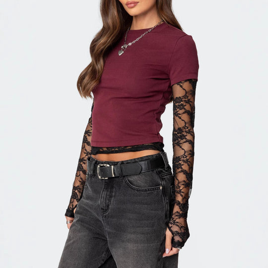 Damen Kurzgeschnittenes T‑Shirt mit transparenten Spitzenärmeln Shop Nory