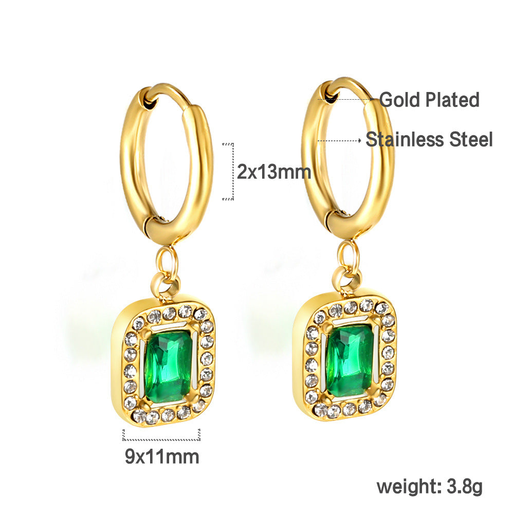 Damen Hängende Ohrstecker mit funkelndem grünem Zirkonia und goldplattierter Edelstahlfassung Shop Nory