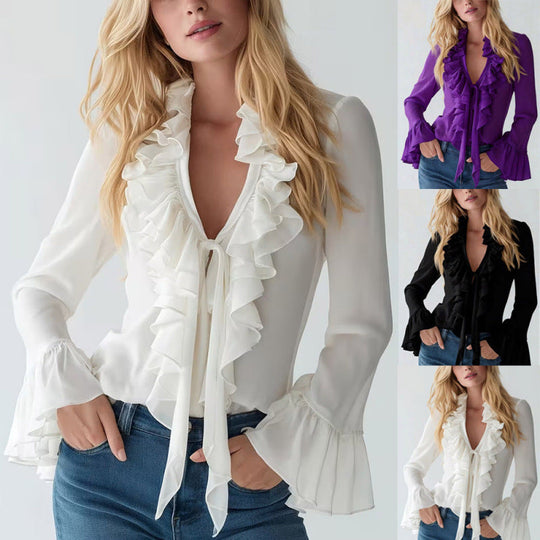 Damen Elegantes Oberteil mit Volants und tiefem V-Ausschnitt
