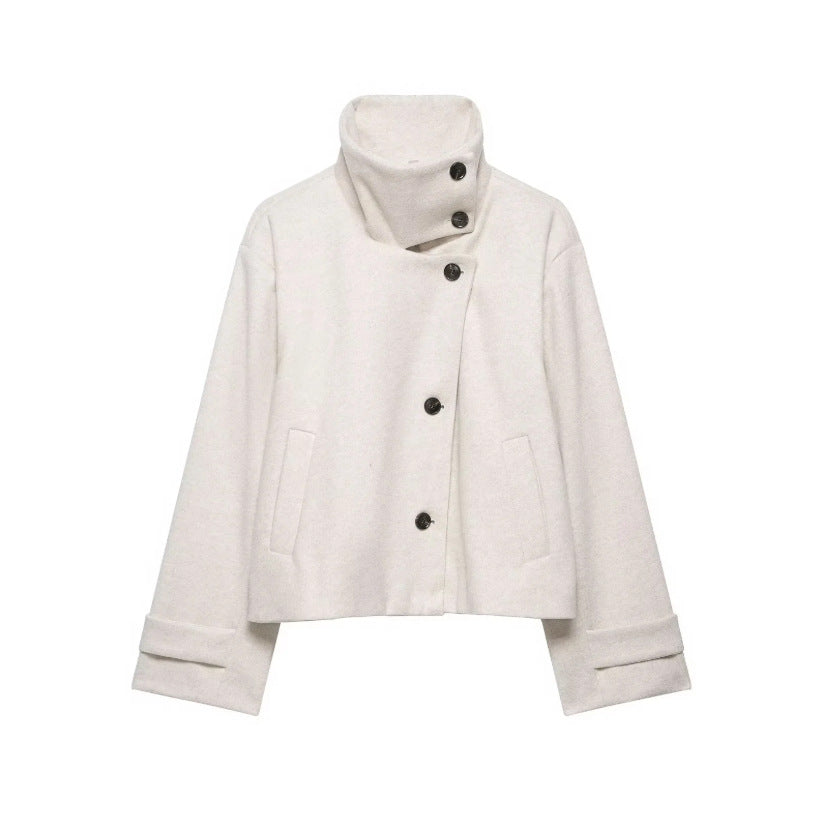 Damen Cropped Wollmix-Kurzjacke mit hohem Stehkragen, asymmetrischer Knopfleiste und Krempelmanschetten Shop Nory