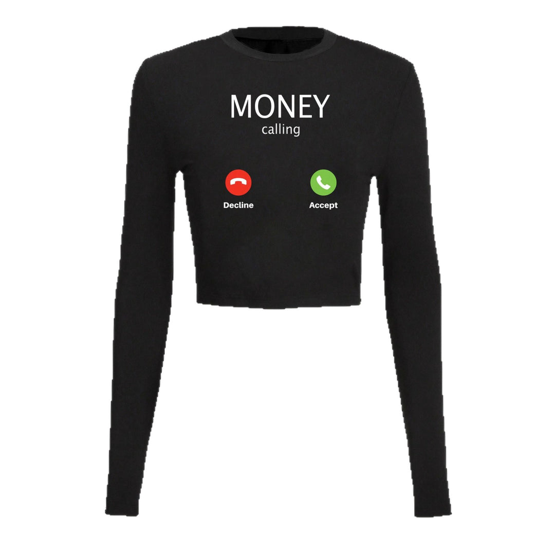 Damen nan kurzes Cropped-Longsleeve mit auffälligem Statement-Print und Call-Icon-Design Shop Nory