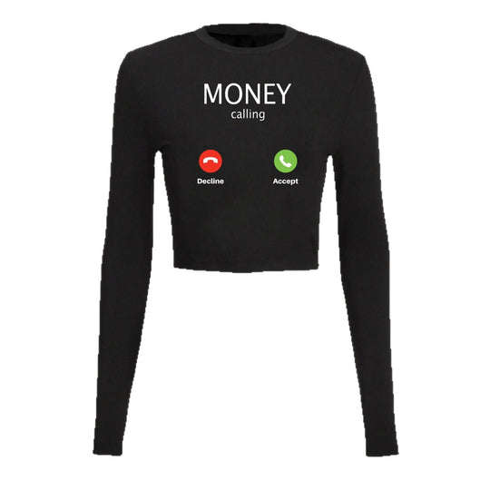 Damen nan kurzes Cropped-Longsleeve mit auffälligem Statement-Print und Call-Icon-Design Shop Nory
