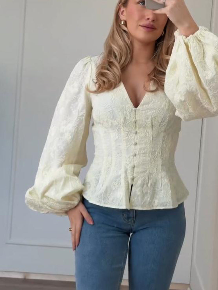 Damen Taillierte Spitzenbluse im Korsagenstil mit V-Ausschnitt, Knopfleiste und Ballonärmeln Shop Nory