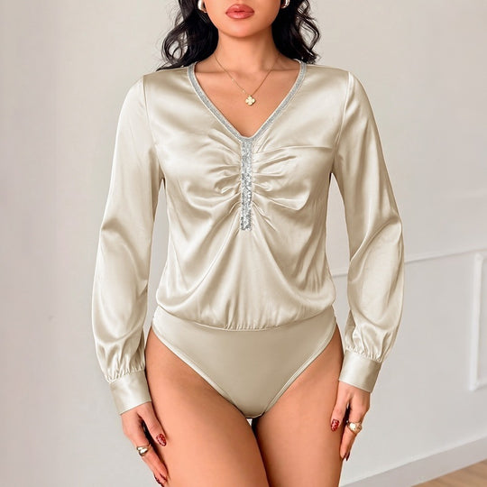 Damen Satinbluse mit V-Ausschnitt, geraffter Frontpartie und Zierband Shop Nory