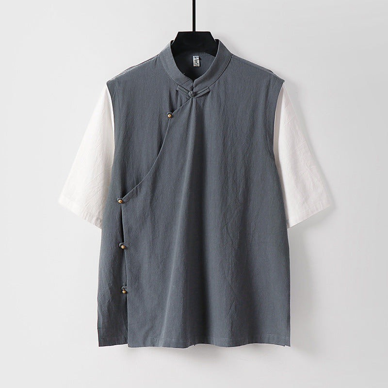 Herren Asymmetrische Leinenweste mit Stehkragen und seitlicher Knopfleiste Shop Nory