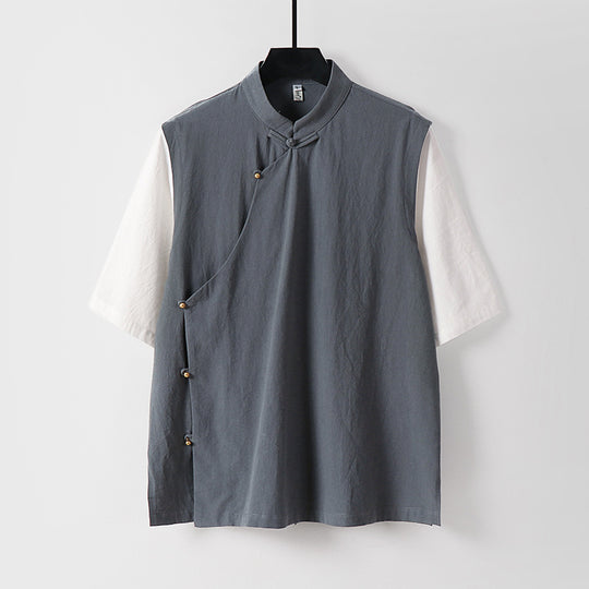 Herren Asymmetrische Leinenweste mit Stehkragen und seitlicher Knopfleiste Shop Nory