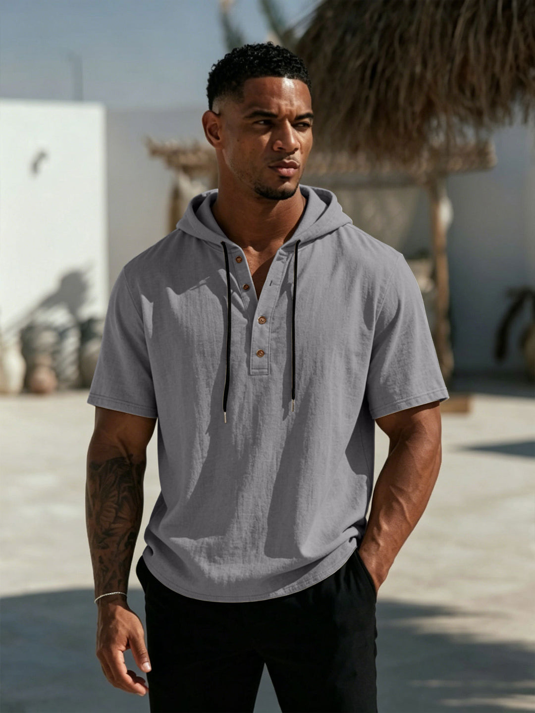 Herren Kurzarm-Hoodie-Henley aus Leinenoptik mit Knopfleiste Shop Nory