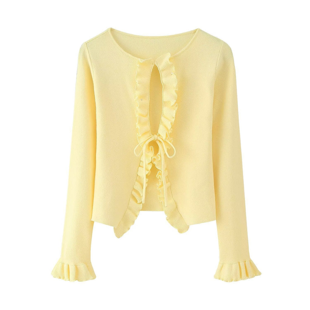 Damen Strickjacke mit Rüschen und Bändern Shopnory