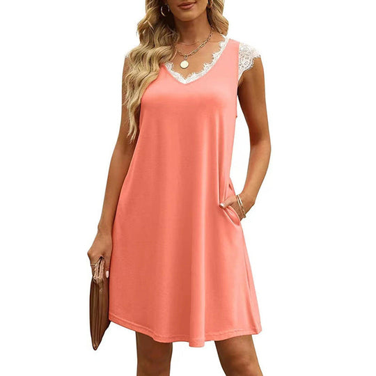 Damen ärmelloses Kleid mit Spitzendetail und seitlichen Taschen Shopnory