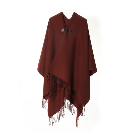 Damen Leichter Wasserfall‑Poncho mit Knebelverschluss, asymmetrischem Saum und Fransenkante Shop Nory