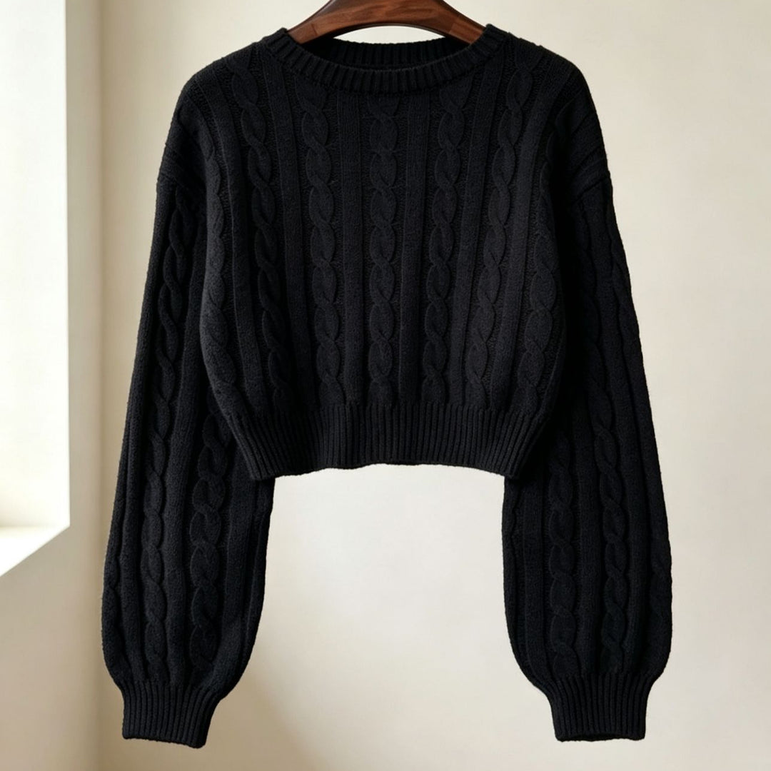 Damen Cropped Zopfmuster-Strickpullover mit kastiger Silhouette und Ballonärmeln Shop Nory