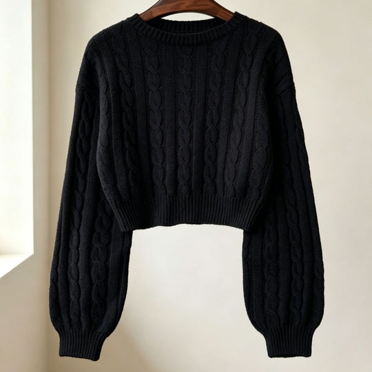 Damen Cropped Zopfmuster-Strickpullover mit kastiger Silhouette und Ballonärmeln Shop Nory
