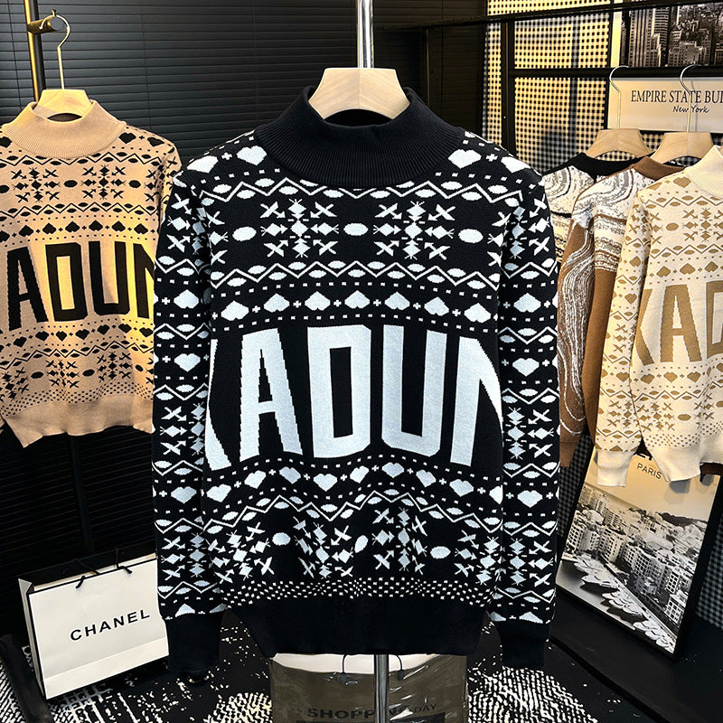 Herren Rollkragenpullover mit Norweger-Jacquard und großflächigem Logoprint Shop Nory