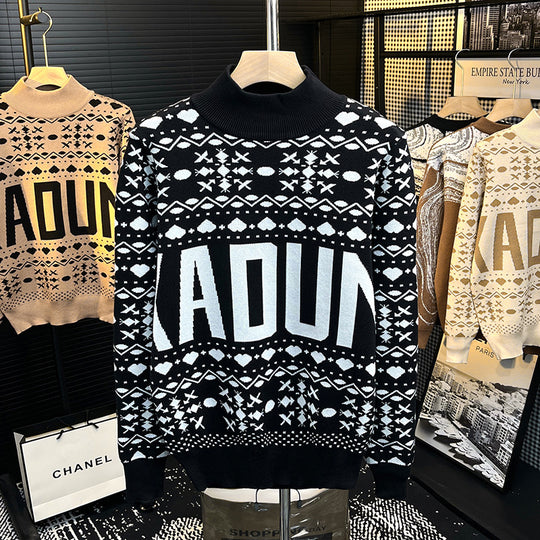 Herren Rollkragenpullover mit Norweger-Jacquard und großflächigem Logoprint Shop Nory
