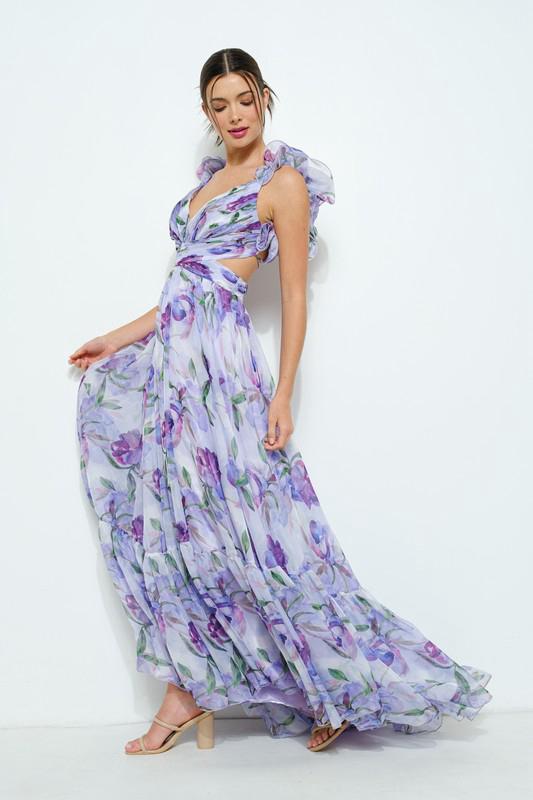 Damen Maxi-Kleid mit floralen Rüschen und schwingendem Design