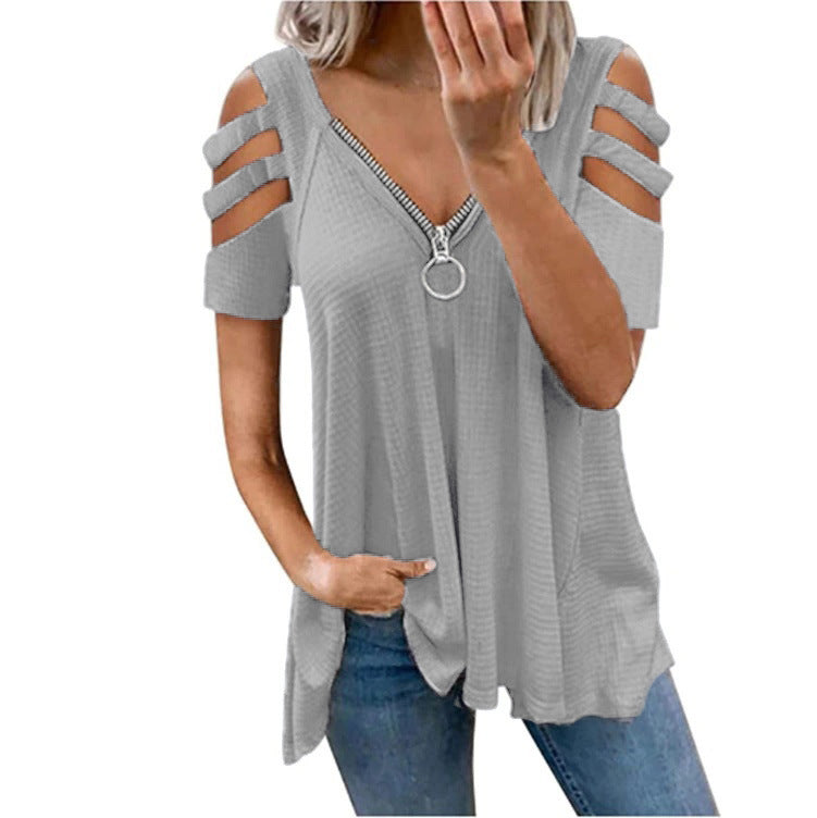 Damen lässiges Oberteil mit modischen Cut-Out-Details und Reißverschluss Shopnory