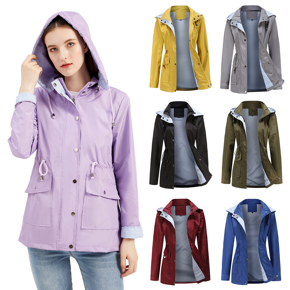 Damen Wetterfeste Regenjacke mit verstellbarem Kapuzenkragen und Taillenzug