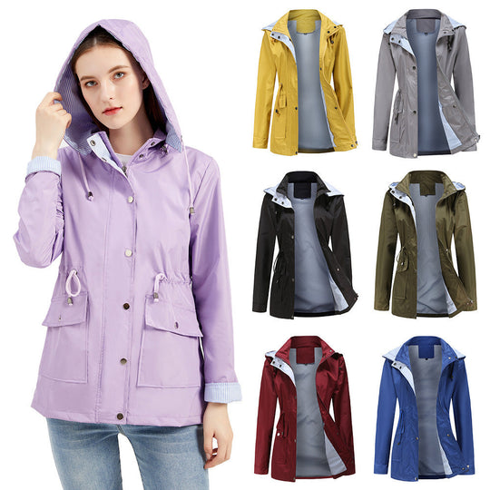 Damen Wetterfeste Regenjacke mit verstellbarem Kapuzenkragen und Taillenzug