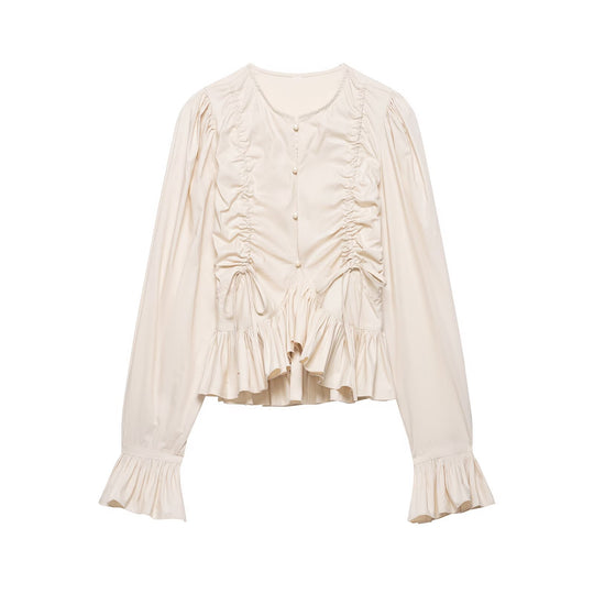 Damen Rüschige Bluse mit Kordelzug, Ballonärmeln und Volant-Saum Shop Nory