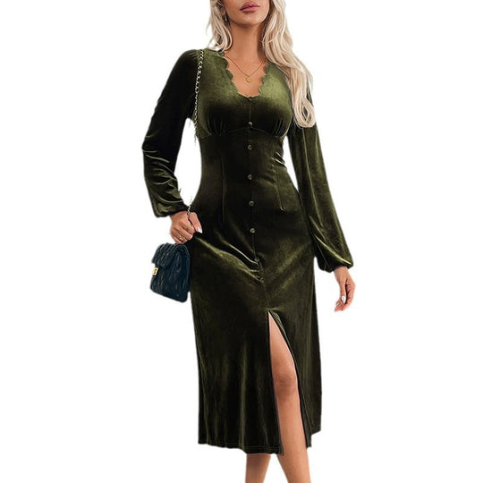 Damen Samt-Midikleid mit tailliertem Schnitt, geschwungenem Ausschnitt, Puffärmeln & Zierknopfleiste Shop Nory