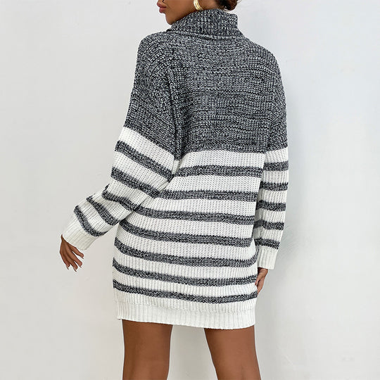 Damen Kurzes Strickkleid im Maritim-Look mit Rollkragen, Rippenbündchen und lässiger Oversize-Silhouette Shop Nory
