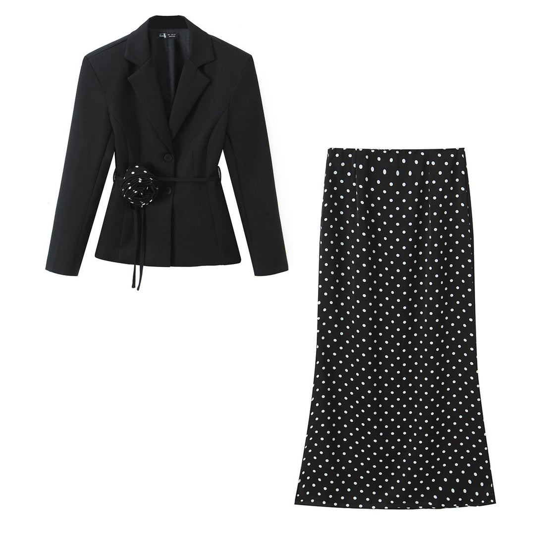 Damen Zweiteiliges tailliertes Blazer- und Midaxi-Rock-Set mit Rosenapplikation am Gürtel und Polka-Dot‑Rock Shop Nory