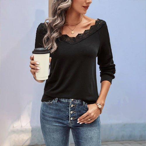 Damen Feinstrick-Longsleeve mit Spitzen-V-Ausschnitt und Spitzenbesatz an den Ärmeln Shop Nory
