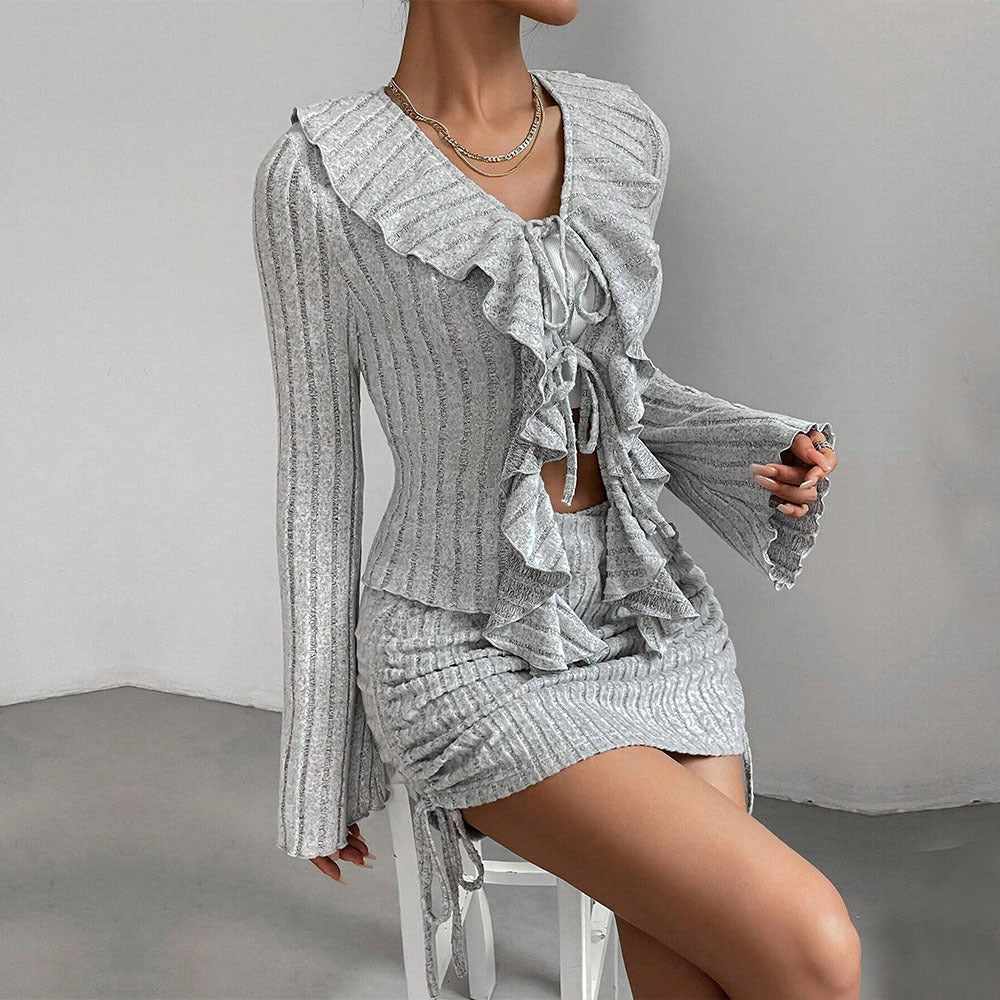 Damen gerippter Rüschencardigan mit Bindebändern und gerafftem Minirock-Set Shop Nory