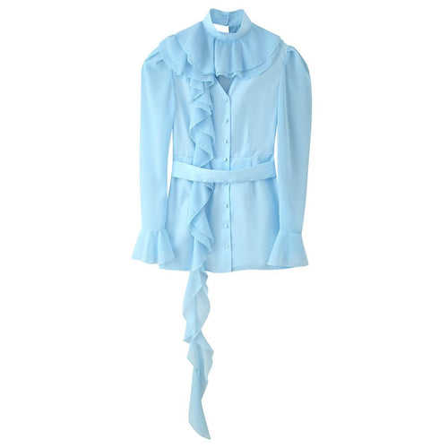 Damen Rüschenbluse mit Stehkragen, Volantdetails und Taillengürtel Shop Nory