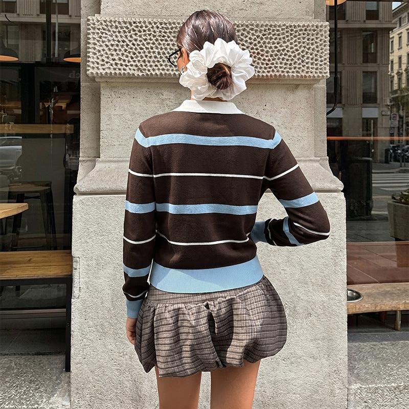 Damen Gestreifter Polo-Strickpullover mit kontrastierendem Hemdkragen und Knopfleiste Shop Nory