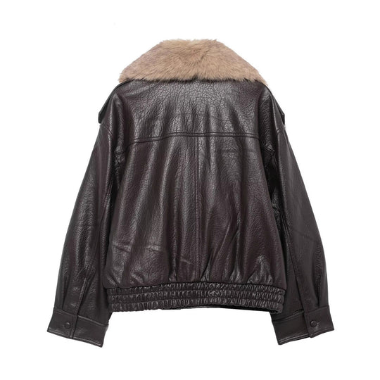 Damen Kurz geschnittene Lederimitat-Bomberjacke mit voluminösem Kunstfellkragen Shop Nory