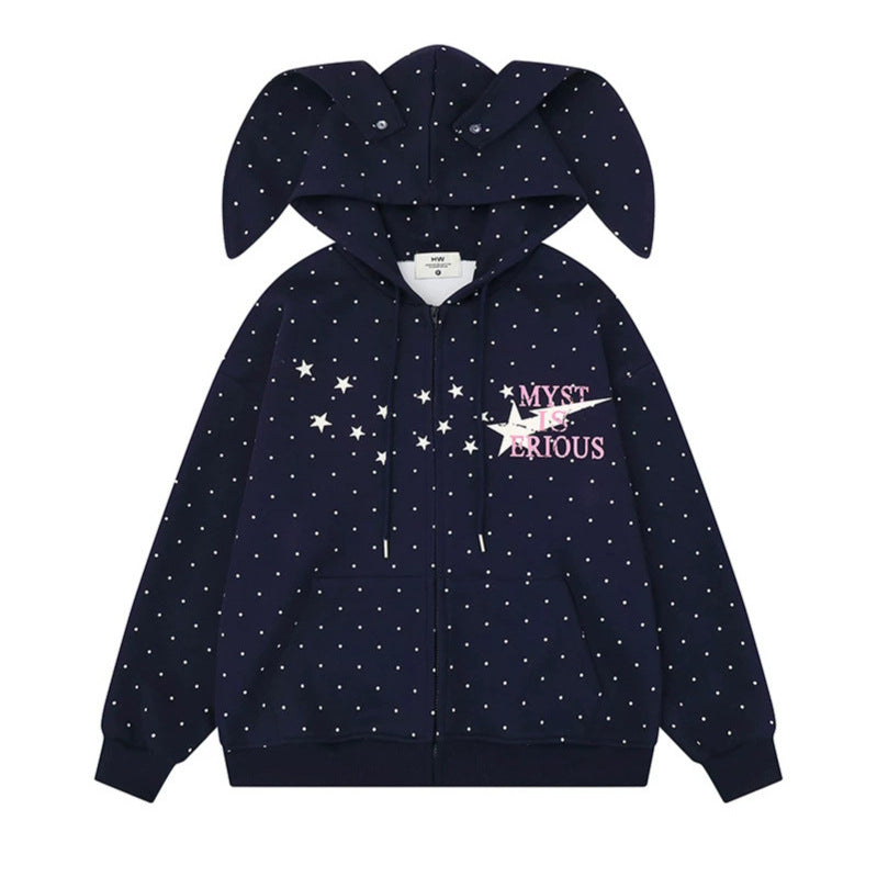 Damen Kapuzenjacke mit Hasenohren, Allover-Pünktchen und durchgehendem Reißverschluss Shop Nory