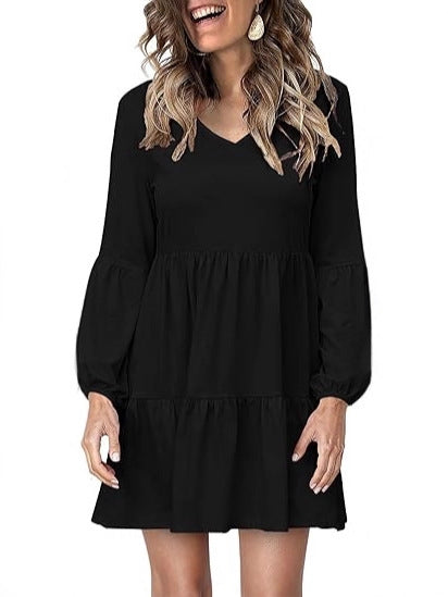 Damen Stufiges Mini-Kleid mit V-Ausschnitt und Ballonärmeln Shop Nory
