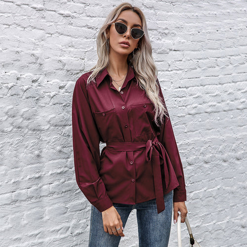 Damen Satin-Hemdbluse mit Taillengürtel, Brusttaschen und langen Ärmeln Shop Nory