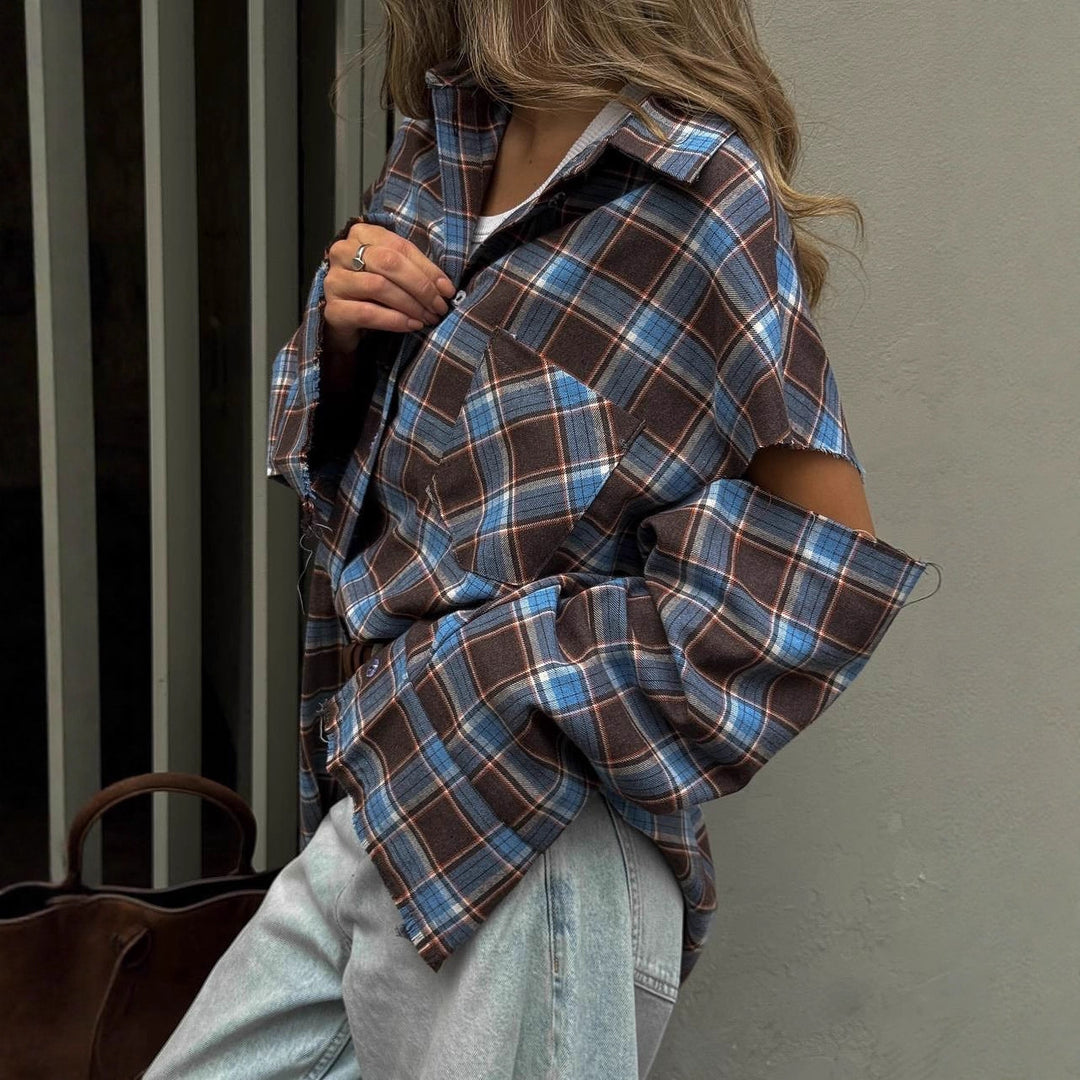 Damen karierte Oversize-Hemdjacke mit Cut-Out-Ärmeln und rohem Saum Shop Nory