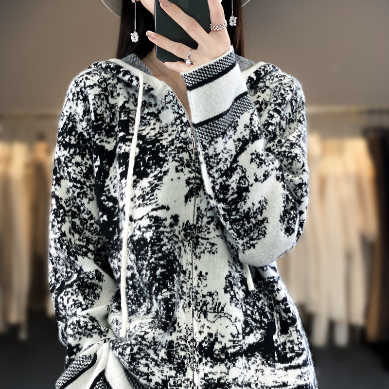 Damen Oversize Jacquard-Strickjacke mit Kapuze und Reißverschluss Shop Nory