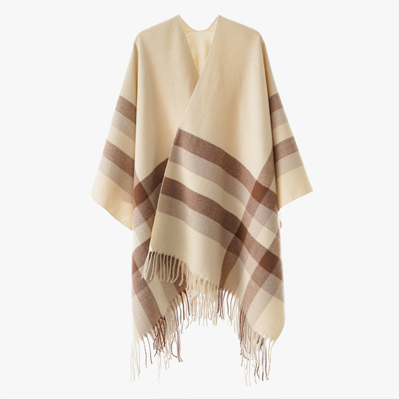 Damen Wollmix-Capeponcho im Oversize-Kimono mit Karomuster und Fransensaum Shop Nory