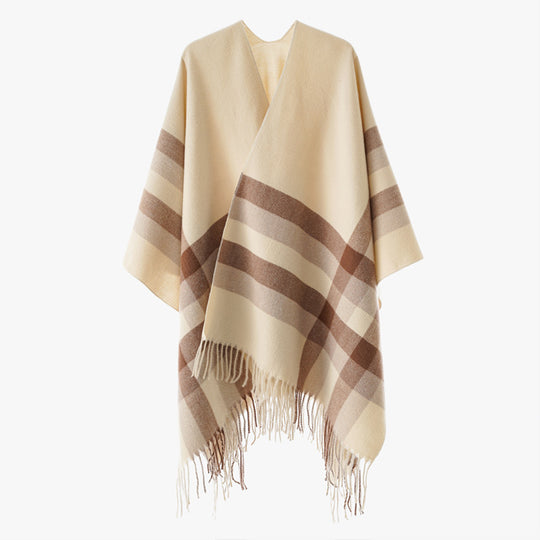 Damen Wollmix-Capeponcho im Oversize-Kimono mit Karomuster und Fransensaum Shop Nory