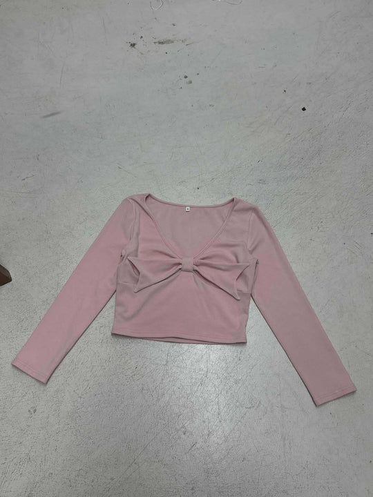 Damen nan Cropped-Longsleeve mit dekorativer Schleifenfront, V-Ausschnitt und figurbetonter Passform Shop Nory