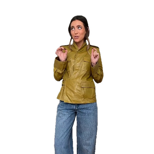 Damen Lederimitat-Utility-Jacke mit Stehkragen, Brustklappen & verdecktem Reißverschluss Shop Nory