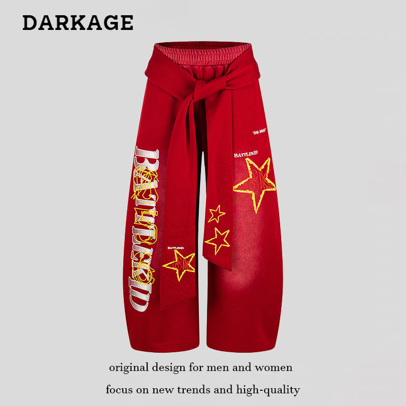 Damen Weite Palazzo-Culottehose mit integriertem Bindegürtel und Stern-Grafik Shop Nory