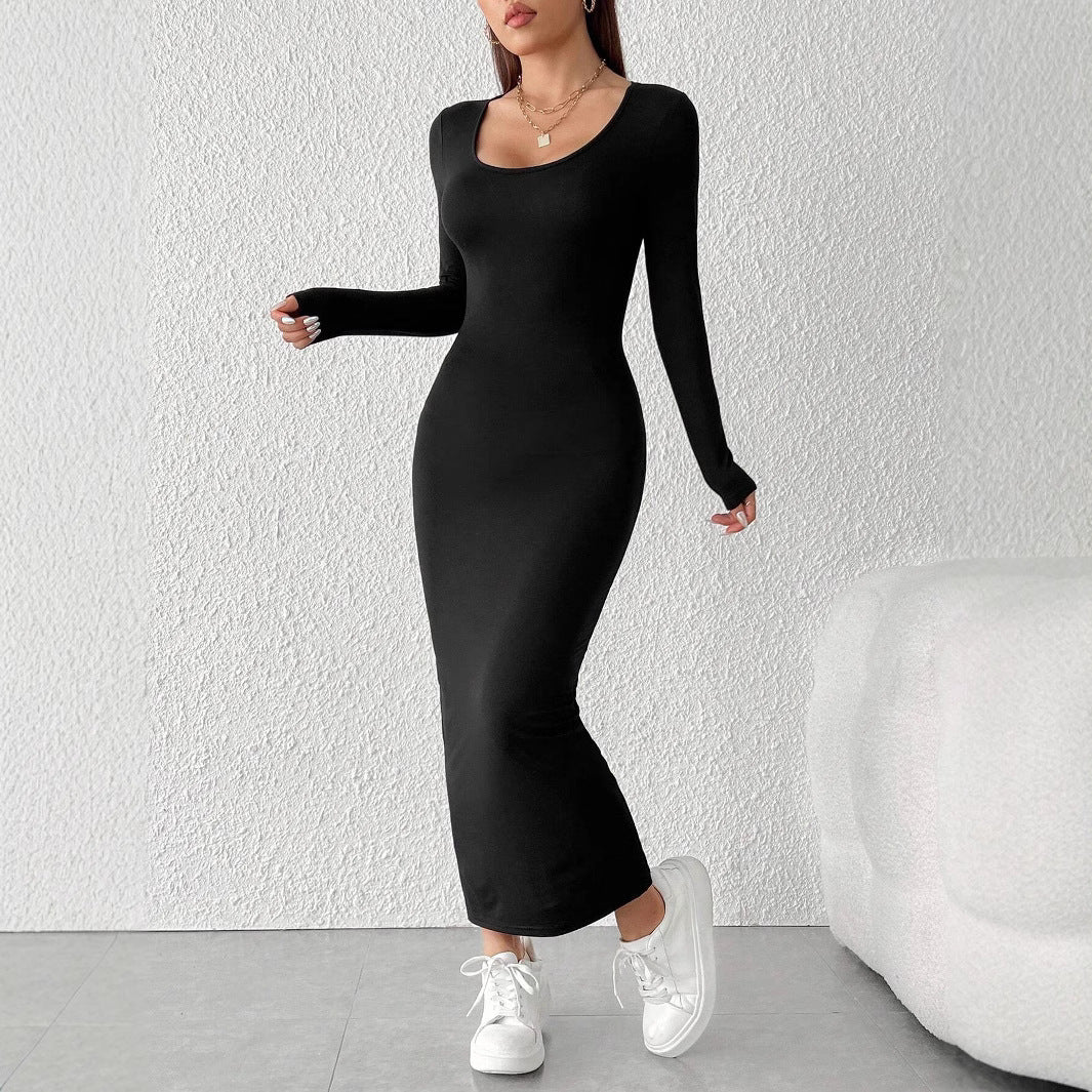 Damen figurbetontes langärmeliges Maxikleid mit tiefem Rundhalsausschnitt formendem Stretch-Jersey und knöchellanger Silhouette Shop Nory